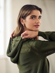 Khaki Green Mesh Stitch Hooded Cardigan - Image 3 of 6