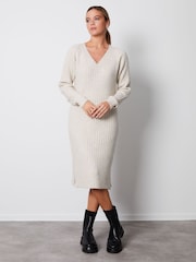 Threadbare White V-Neck Knitted Midi Dress - Image 1 of 4