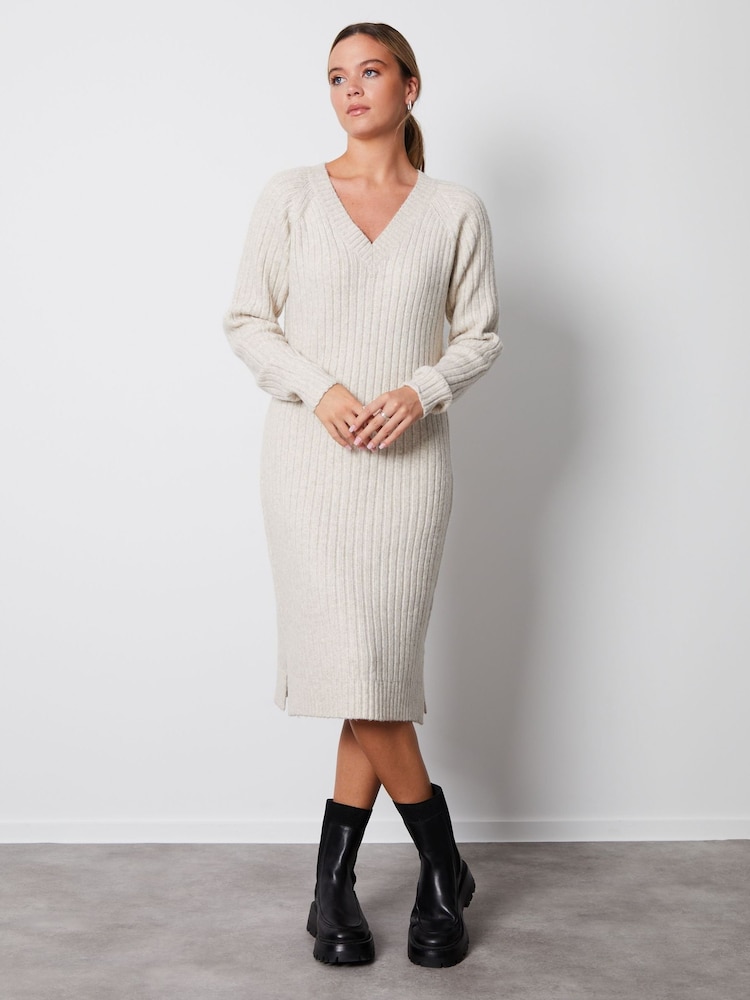 Threadbare White V-Neck Knitted Midi Dress - Image 1 of 4