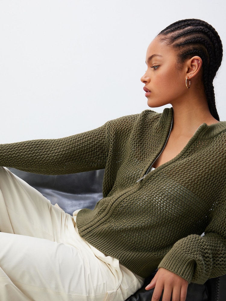 Khaki Green Mesh Stitch Knitted Bomber Cardigan - Image 1 of 7