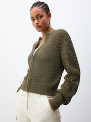 Khaki Green Mesh Stitch Knitted Bomber Cardigan - Image 2 of 7