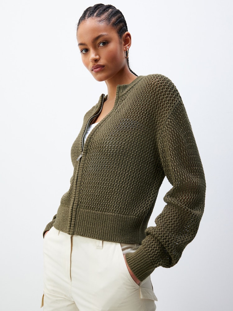 Khaki Green Mesh Stitch Knitted Bomber Cardigan - Image 2 of 7