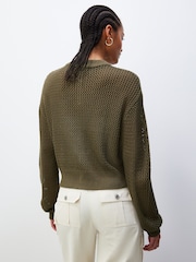 Khaki Green Mesh Stitch Knitted Bomber Cardigan - Image 3 of 7
