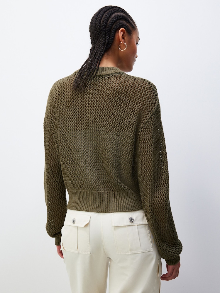 Khaki Green Mesh Stitch Knitted Bomber Cardigan - Image 3 of 7