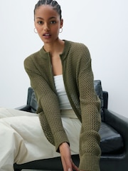Khaki Green Mesh Stitch Knitted Bomber Cardigan - Image 4 of 7