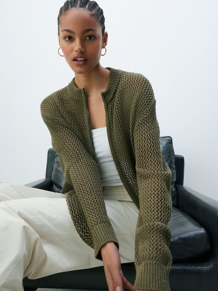 Khaki Green Mesh Stitch Knitted Bomber Cardigan - Image 4 of 7