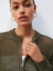 Khaki Green Mesh Stitch Knitted Bomber Cardigan - Image 5 of 7