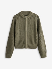 Khaki Green Mesh Stitch Knitted Bomber Cardigan - Image 6 of 7