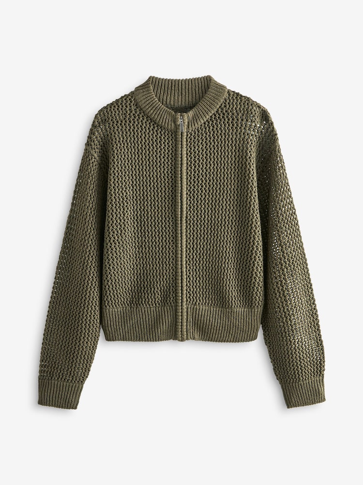 Khaki Green Mesh Stitch Knitted Bomber Cardigan - Image 6 of 7