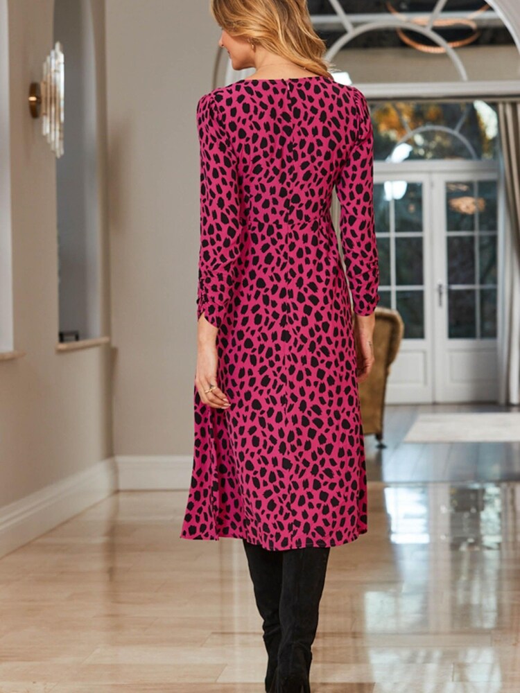 Sosandar Pink Printed Ruched Front Midi Dress - Image 2 of 3 Sosandar Pink Printed Ruched Front Midi Dress - Image 2 of 3