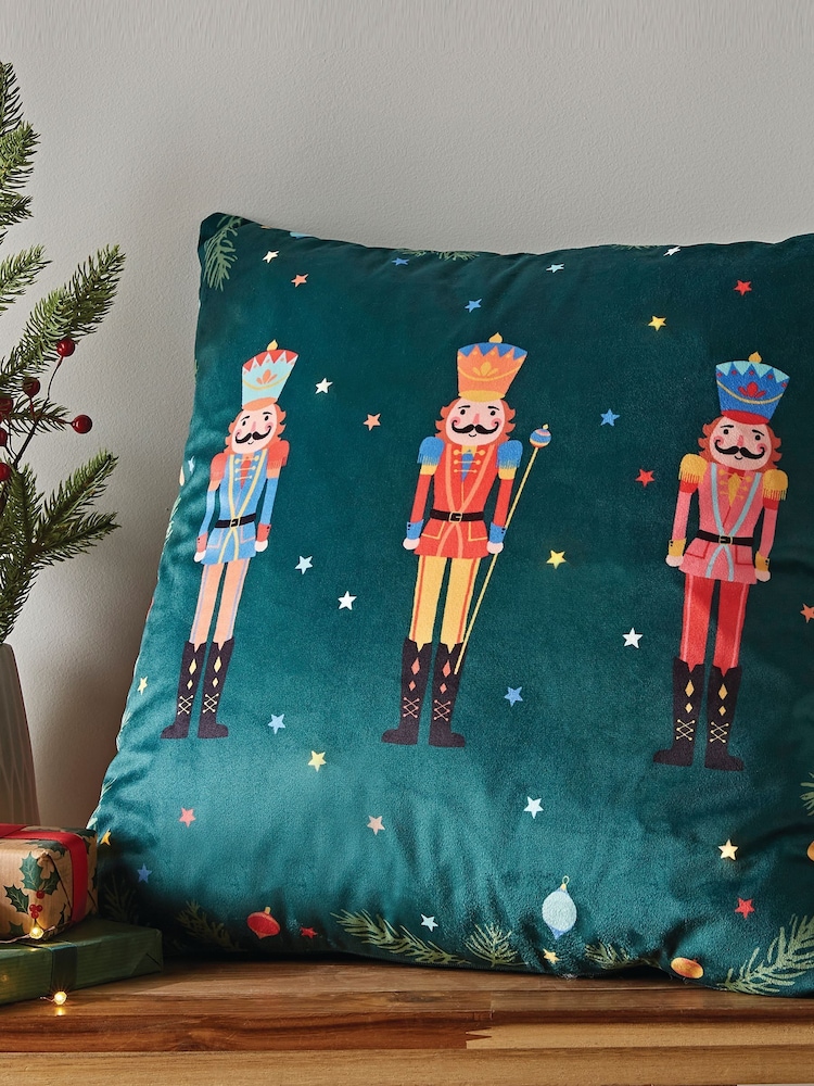 Catherine Lansfield Green Christmas Nutcracker Soft Velvet Light Up 45x45cm Cushion - Image 2 of 5
