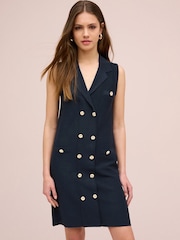 Navy Blue Gold Button Sleeveless Knitted Mini Dress - Image 1 of 6