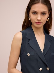 Navy Blue Gold Button Sleeveless Knitted Mini Dress - Image 4 of 6