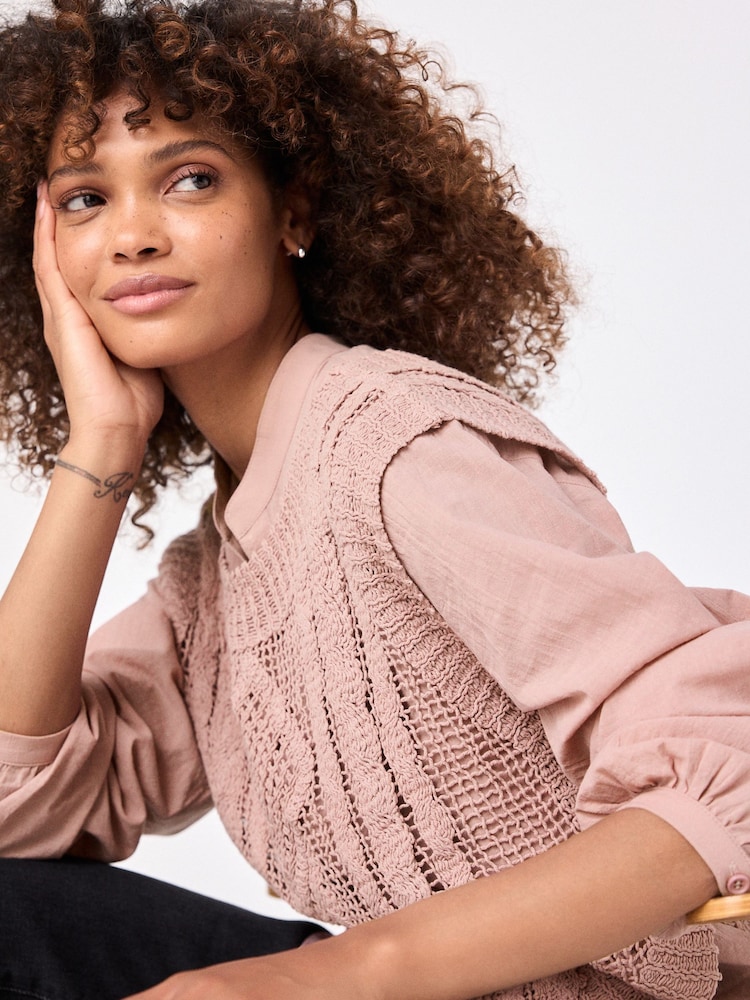 Blush Pink 2-in-1 100% Cotton Open Stitch Knitted Tank and Shirt Layer Jumper - Image 1 of 6