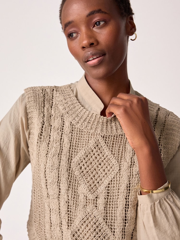 Neutral 2-in-1 100% Cotton Open Stitch Knitted Tank and Shirt Layer Jumper - Image 1 of 7