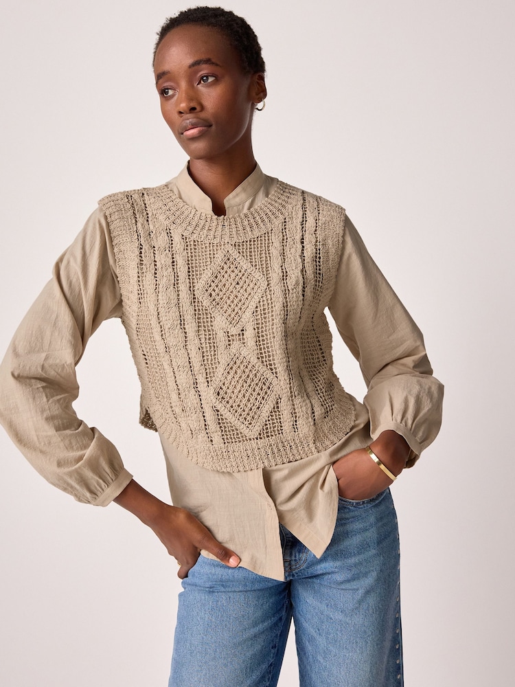 Neutral 2-in-1 100% Cotton Open Stitch Knitted Tank and Shirt Layer Jumper - Image 2 of 7
