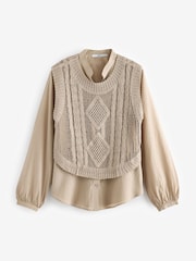 Neutral 2-in-1 100% Cotton Open Stitch Knitted Tank and Shirt Layer Jumper - Image 5 of 7
