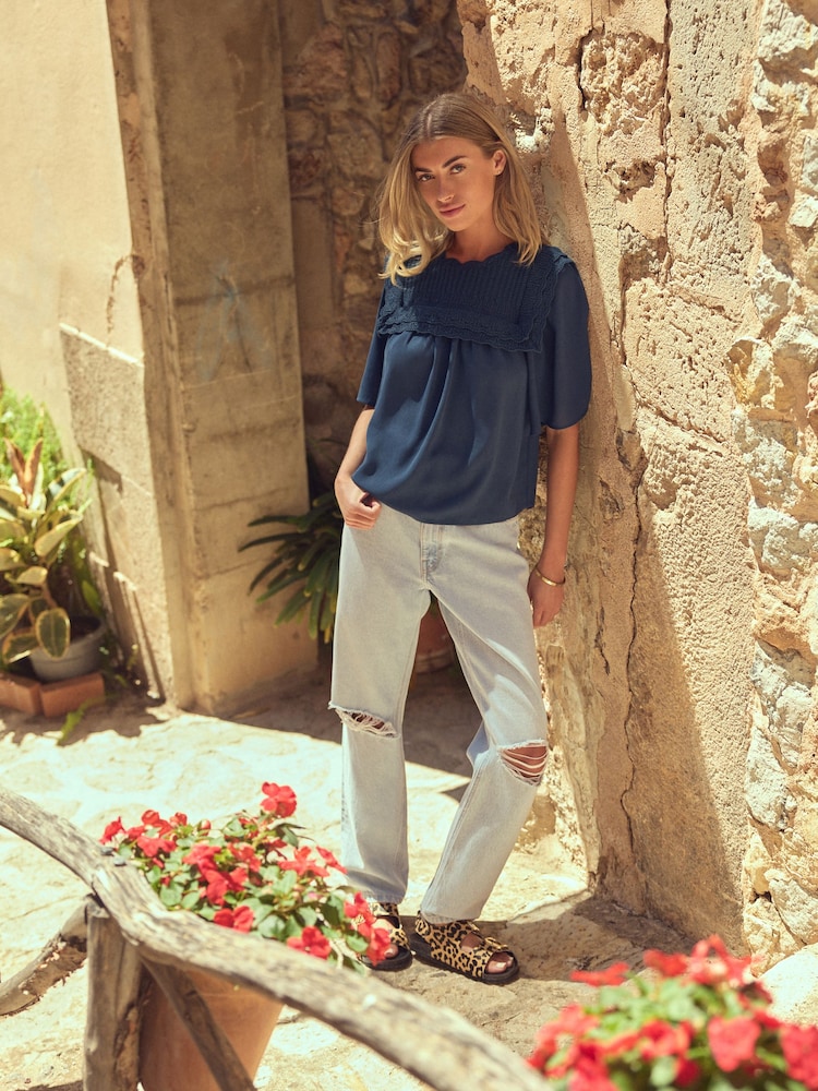 Chambray Blue Woven Mix Ruffle Knitted Layer Jumper - Image 2 of 7