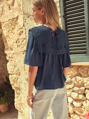 Chambray Blue Woven Mix Ruffle Knitted Layer Jumper - Image 3 of 7