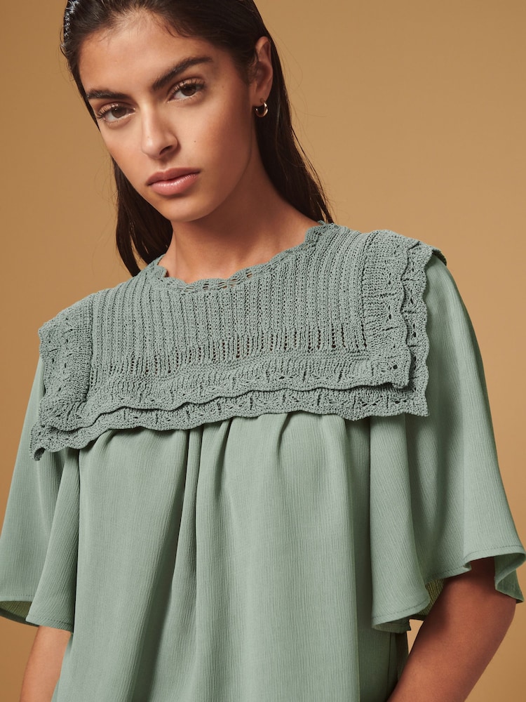Sage Green Woven Mix Ruffle Knitted Layer Jumper - Image 1 of 7