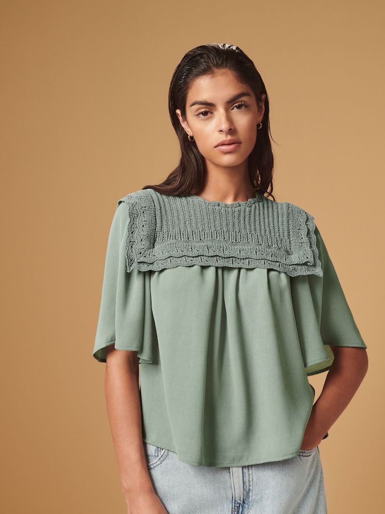Sage Green Woven Mix Ruffle Knitted Layer Jumper - Image 2 of 7