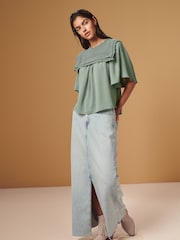 Sage Green Woven Mix Ruffle Knitted Layer Jumper - Image 3 of 7