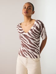 Brown and White Zebra Animal V-Neck Gem Button Linen T-Shirt - Image 1 of 7