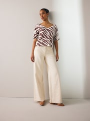 Brown and White Zebra Animal V-Neck Gem Button Linen T-Shirt - Image 2 of 7
