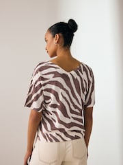 Brown and White Zebra Animal V-Neck Gem Button Linen T-Shirt - Image 3 of 7