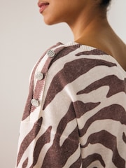 Brown and White Zebra Animal V-Neck Gem Button Linen T-Shirt - Image 4 of 7