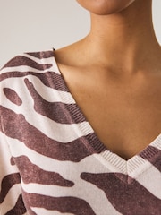 Brown and White Zebra Animal V-Neck Gem Button Linen T-Shirt - Image 5 of 7