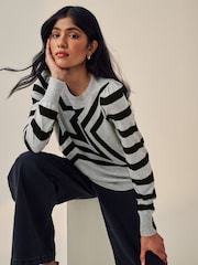 Grau/Schwarz/Sternemuster - Langarm-Strickpullover mit Rundhalsausschnitt und Muster - Bild 1 von 6