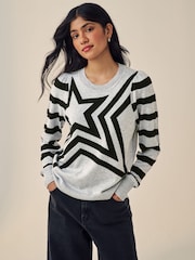 Grau/Schwarz/Sternemuster - Langarm-Strickpullover mit Rundhalsausschnitt und Muster - Bild 3 von 6
