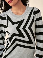 Grau/Schwarz/Sternemuster - Langarm-Strickpullover mit Rundhalsausschnitt und Muster - Bild 4 von 6