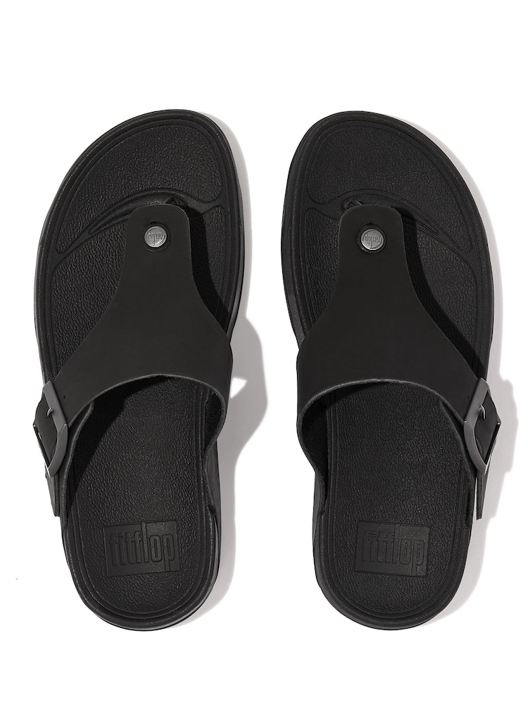 FitFlop Mens Black Trakk Li Buckle Leather Toe-Post Sandals - Image 2 of 4