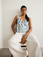 Blue Printed Linen Blend Vest - Image 1 of 6