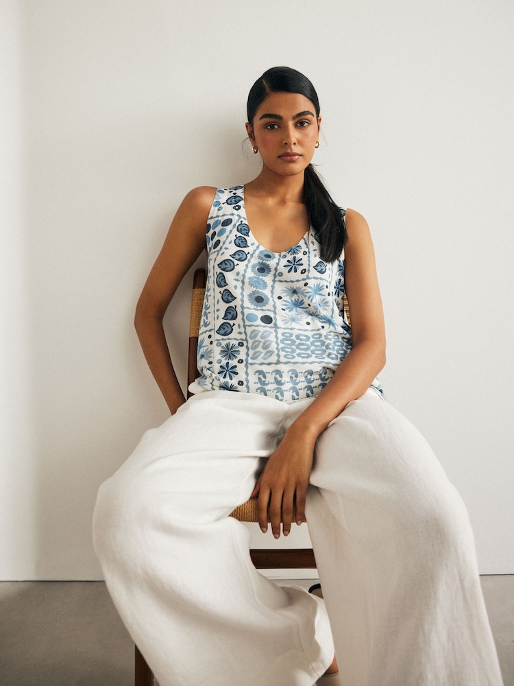 Blue Printed Linen Blend Vest - Image 1 of 6