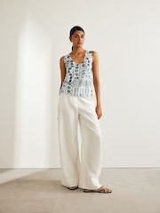 Blue Printed Linen Blend Vest - Image 2 of 6