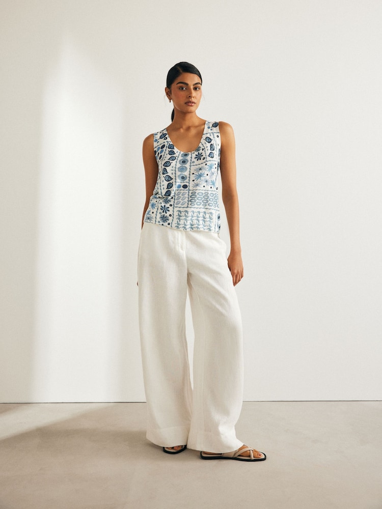 Blue Printed Linen Blend Vest - Image 2 of 6