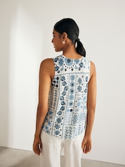 Blue Printed Linen Blend Vest - Image 3 of 6