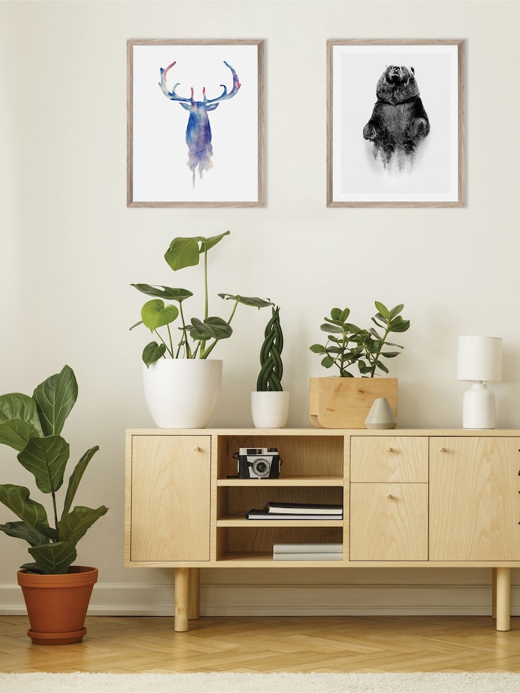 Brookpace Lascelles Blue Watercolour Stag Artwork In Wood Frame - Image 1 of 3