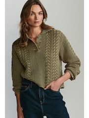 Khaki Green Knitted Polo Neck 100% Cotton Top - Image 1 of 7