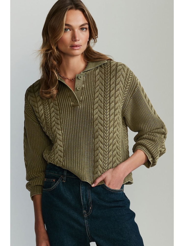 Khaki Green Knitted Polo Neck 100% Cotton Top - Image 1 of 7