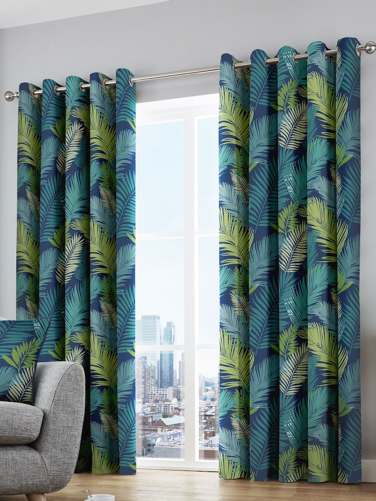 Fusion Green Tropical Leaves Lined Eyelet 100% Cotton Curtains - Image 1 of 4