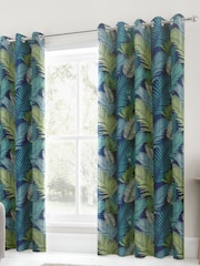 Fusion Green Tropical Leaves Lined Eyelet 100% Cotton Curtains - Image 2 of 4