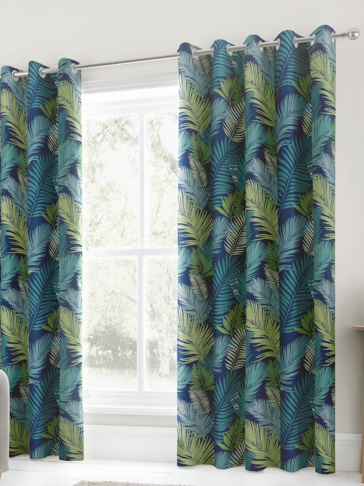 Fusion Green Tropical Leaves Lined Eyelet 100% Cotton Curtains - Image 2 of 4