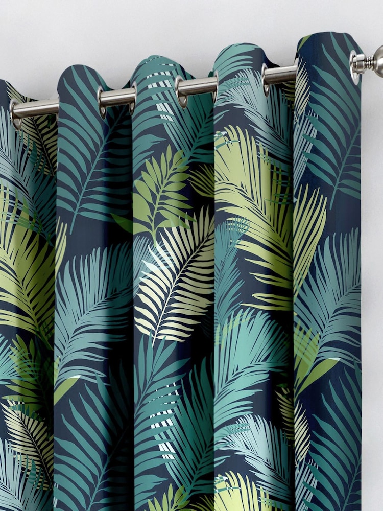 Fusion Matteo 100% Cotton Eyelet Curtains - Pair, 90x90 Inches, Palm Leaf Print, Green