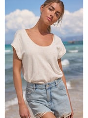 Ecru Cream Scoop Neck Knitted Short Sleeve T-Shirt - Image 1 of 6
