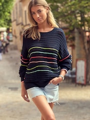 Navy Blue Rainbow 100% Cotton Stripe Stitch Detail Pocket Jumper - Image 1 of 7