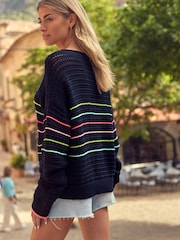 Navy Blue Rainbow 100% Cotton Stripe Stitch Detail Pocket Jumper - Image 2 of 7